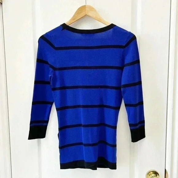 Ricki’s Wrap Front Sweater Deep V Neckline Thin Knit Blue Black Stripes  XS - Picture 4 of 15